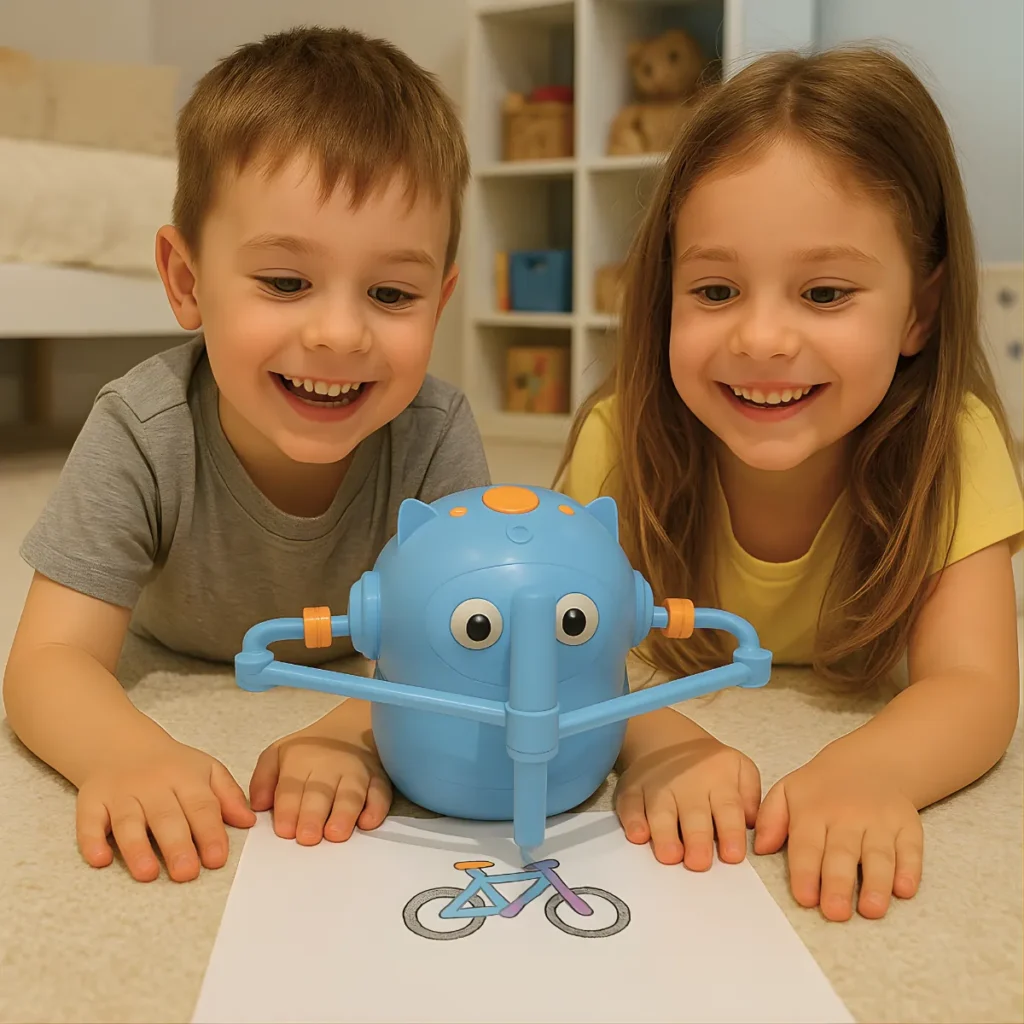 Dzieci bawią się interaktywnym robotem rysującym Rysiobot